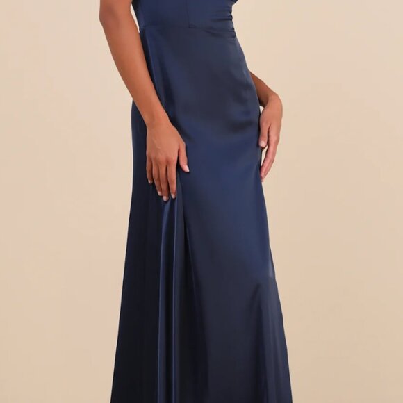 Lulus Ultimate Sweetness Navy Blue Satin Flutter Sleeve Maxi Dress - Size L - Picture 4 of 5